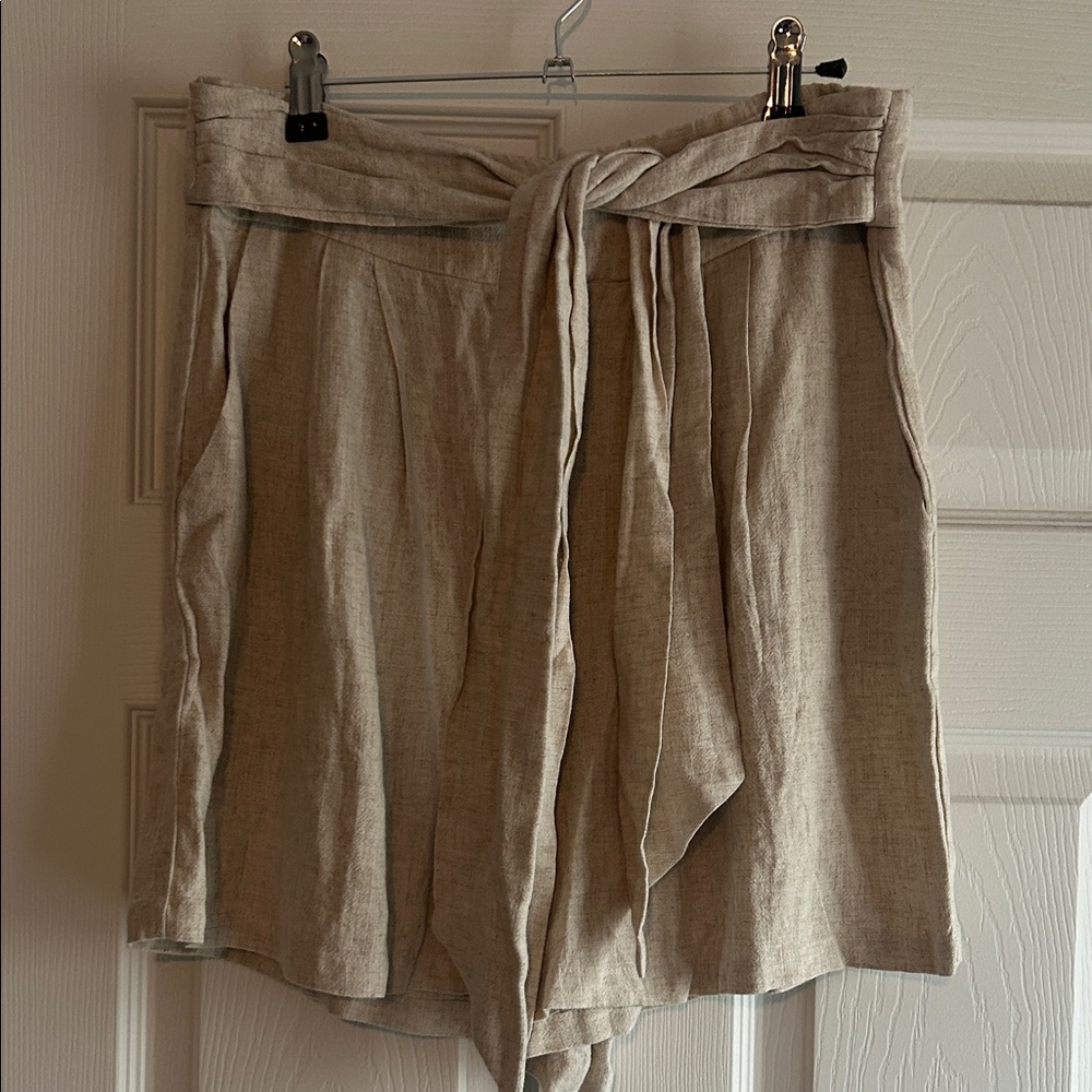 Women's Tan Linen Shorts with Tie Waist - Picture 2 of 11